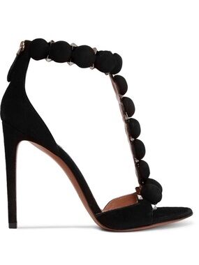 Alaia Bombe 110mm Black Suede Ankle T Strap Pom Pom Stud Sandal Heel Pump 39.5